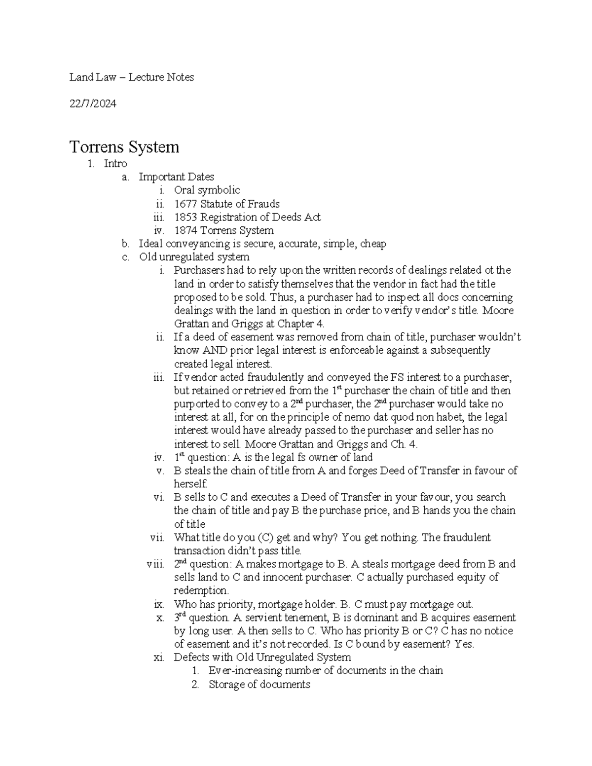 Land Law Lecture Notes: Understanding the Torrens System (Course Code ...