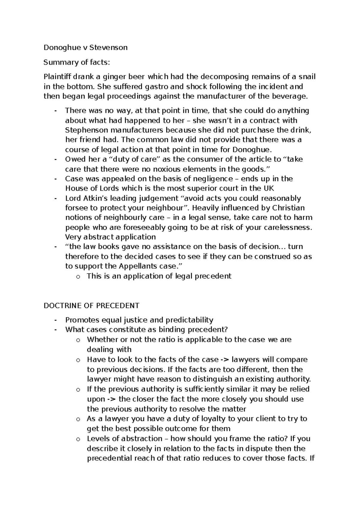 Donoghue v Stevenson Case Summary and Legal Implications - Studocu
