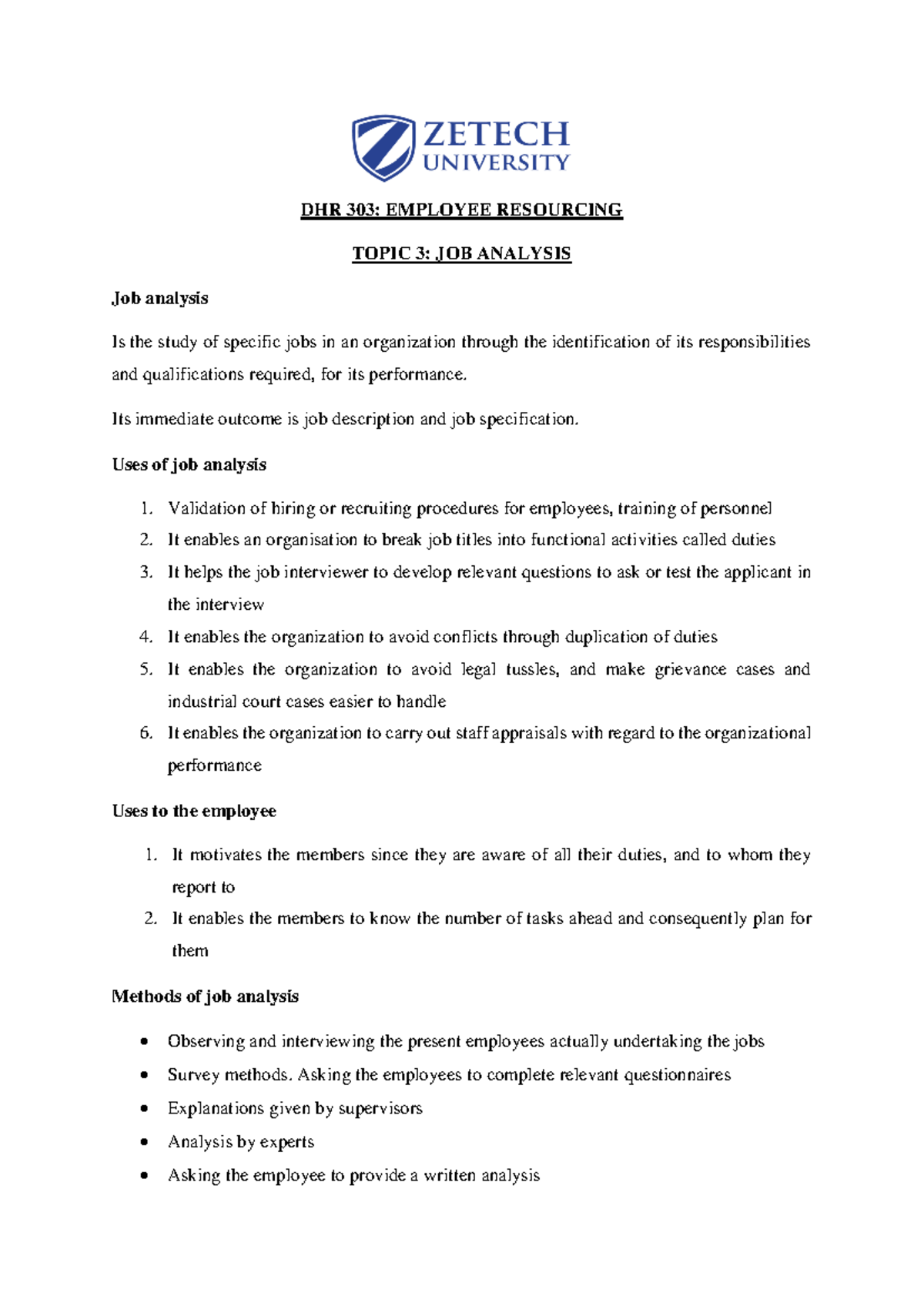 DHR 303 Lesson 3: Job Analysis and Employee Resourcing Notes - Studocu