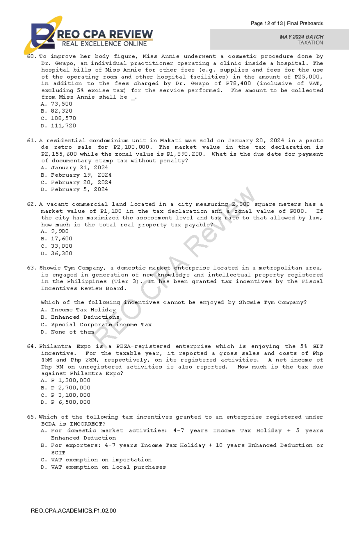 REO 07 TAX Final Preboards MAY 2024 BATCH - Page 12 Analysis - Studocu
