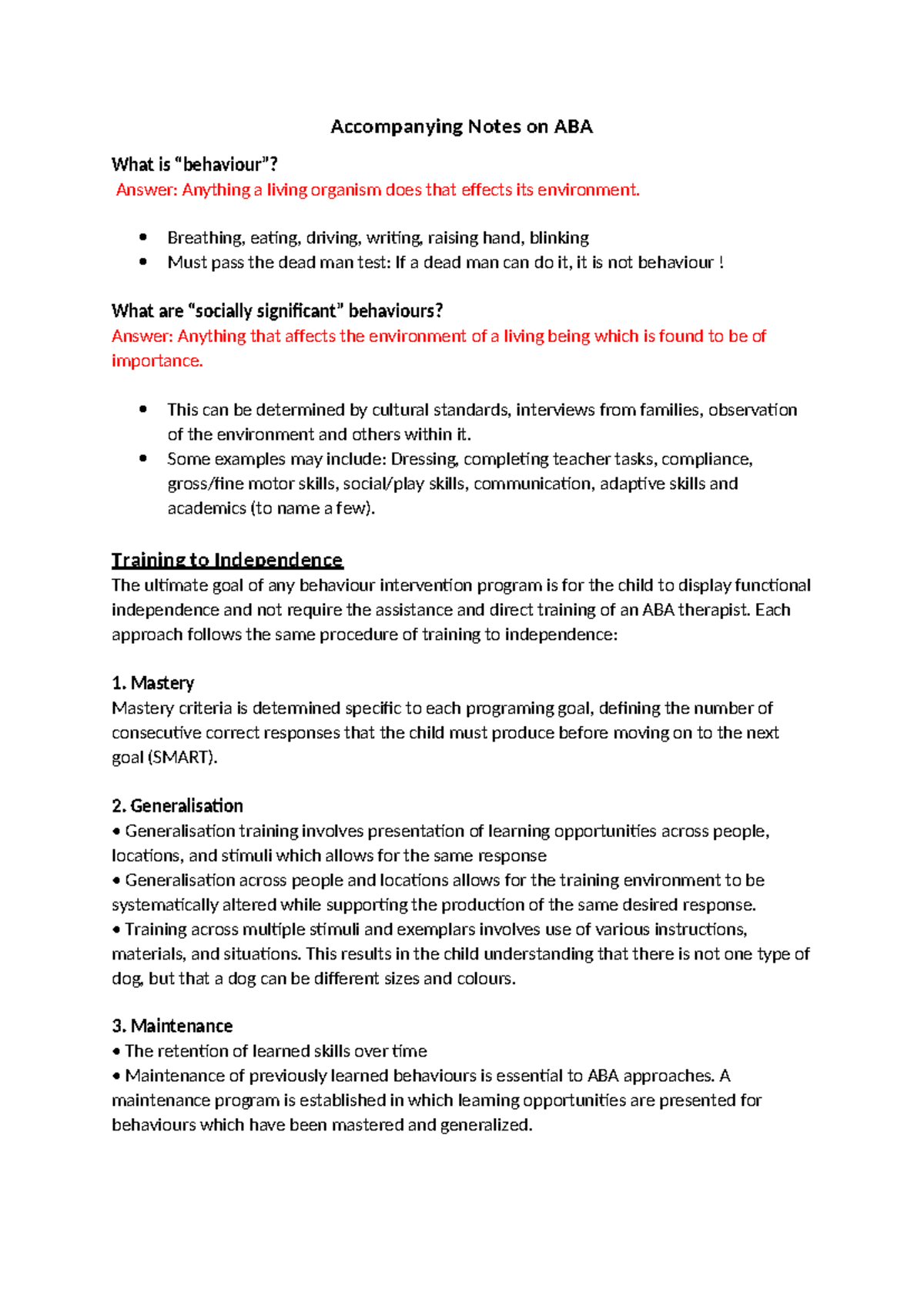 Accompanying Notes on ABA: Training to Independence and Instructional ...