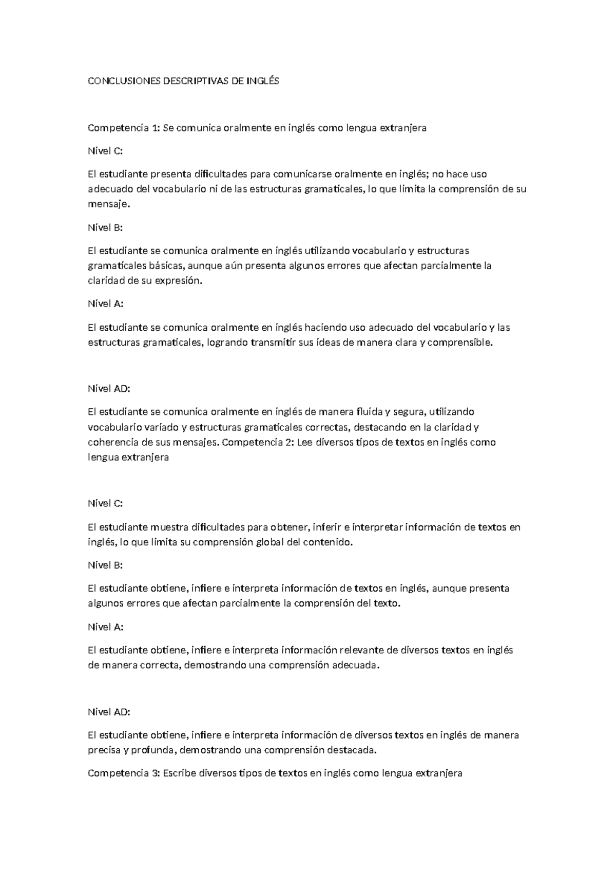Conclusiones Descriptivas de Inglés: Competencias y Niveles - Studocu