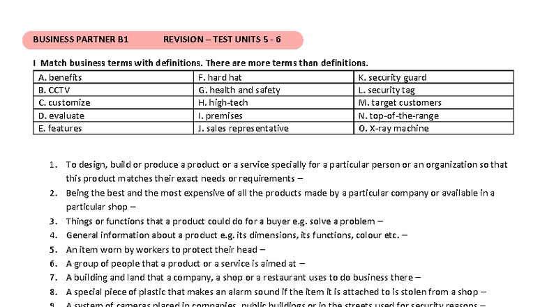 Business Partner B1 Revision Test: Units 5 & 6 Overview - Studocu