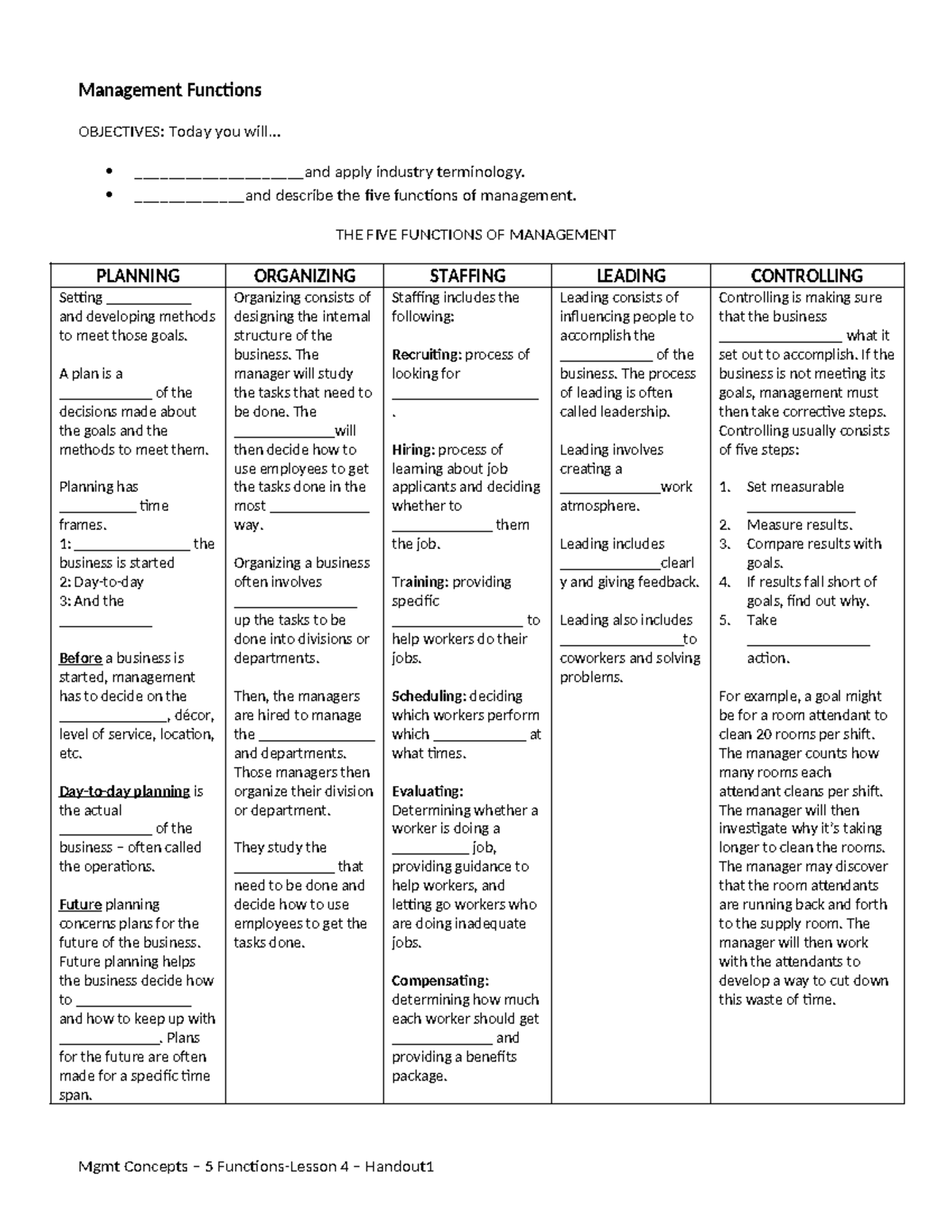 Mgmt Concepts - 5 Functions of Management - Lesson 4 Handout - Studocu