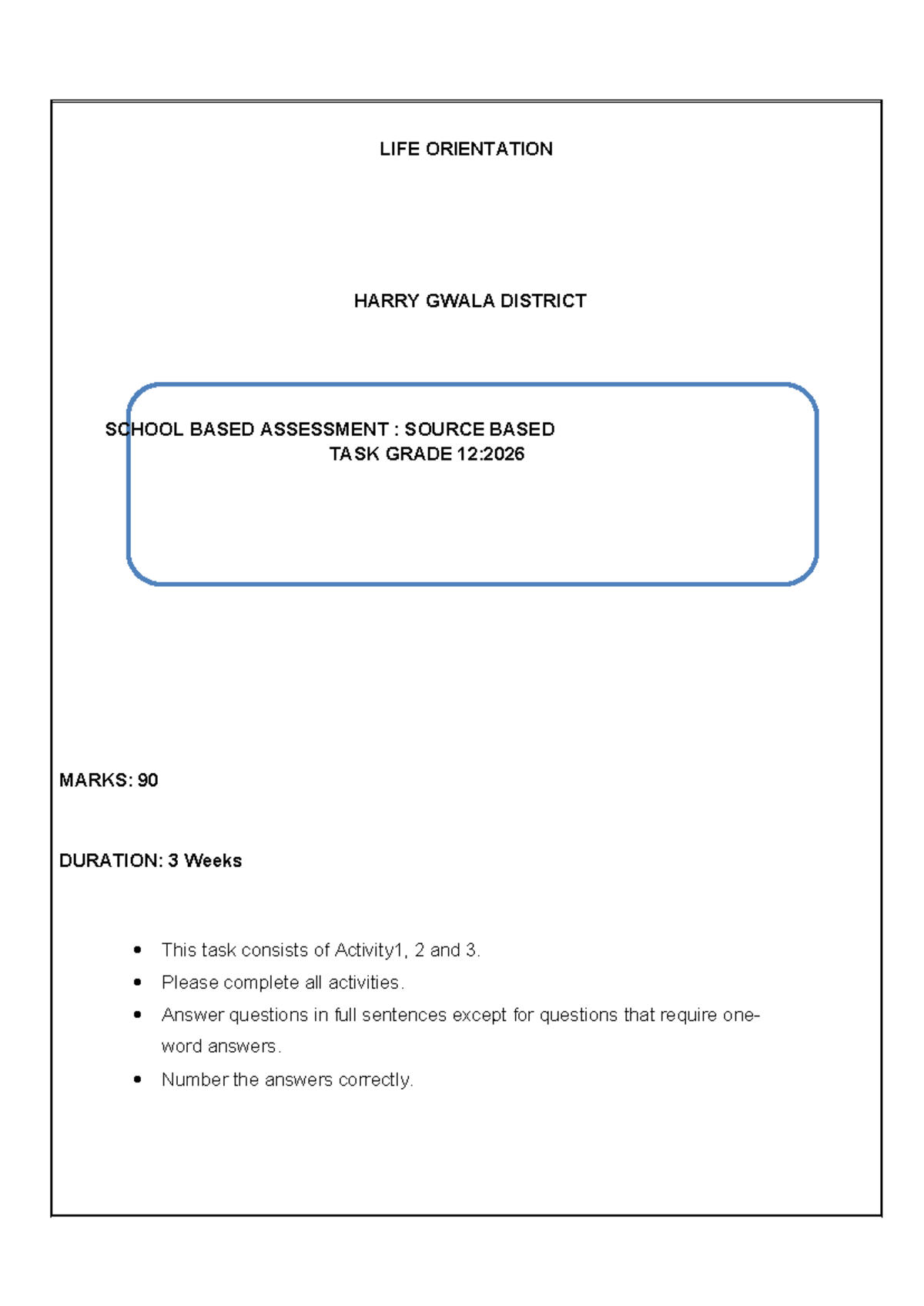 LIFE ORIENTATION GRADE 12: HARRY GWALA TERM 1 SOURCE BASED TASK - Studocu