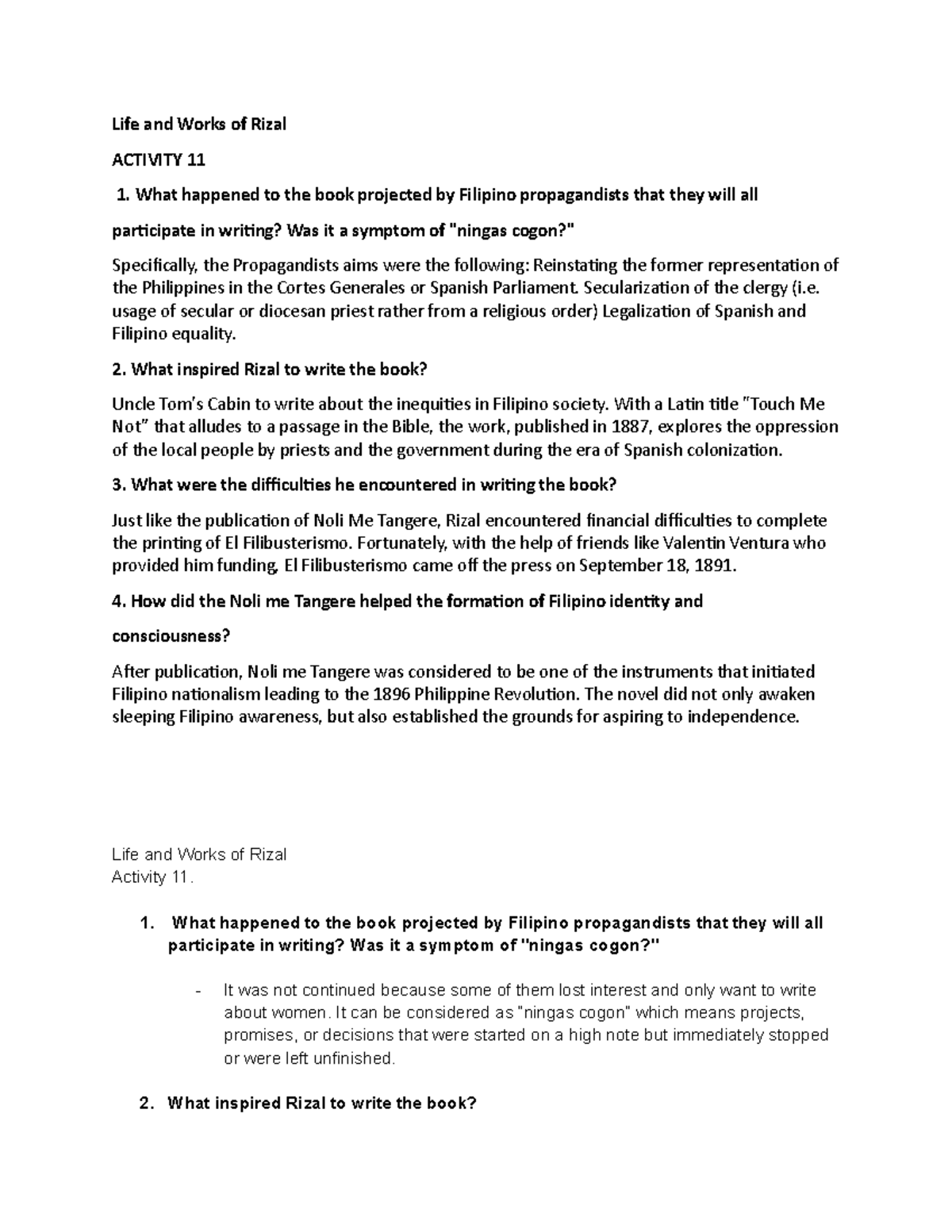 CX11 - Rizal-Chapter-11 - Life and Works of Rizal ACTIVITY 11 1. What ...