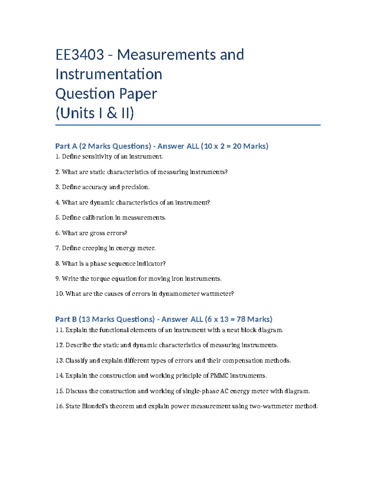 EE3403 Measurements and Instrumentation Question Paper (Units I II ...