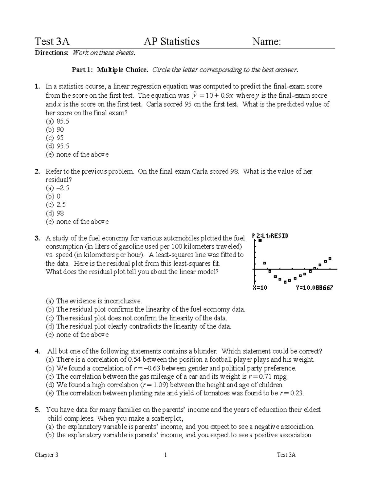 Test 3A - AP Statistics Multiple Choice and Free Response Answers - Studocu