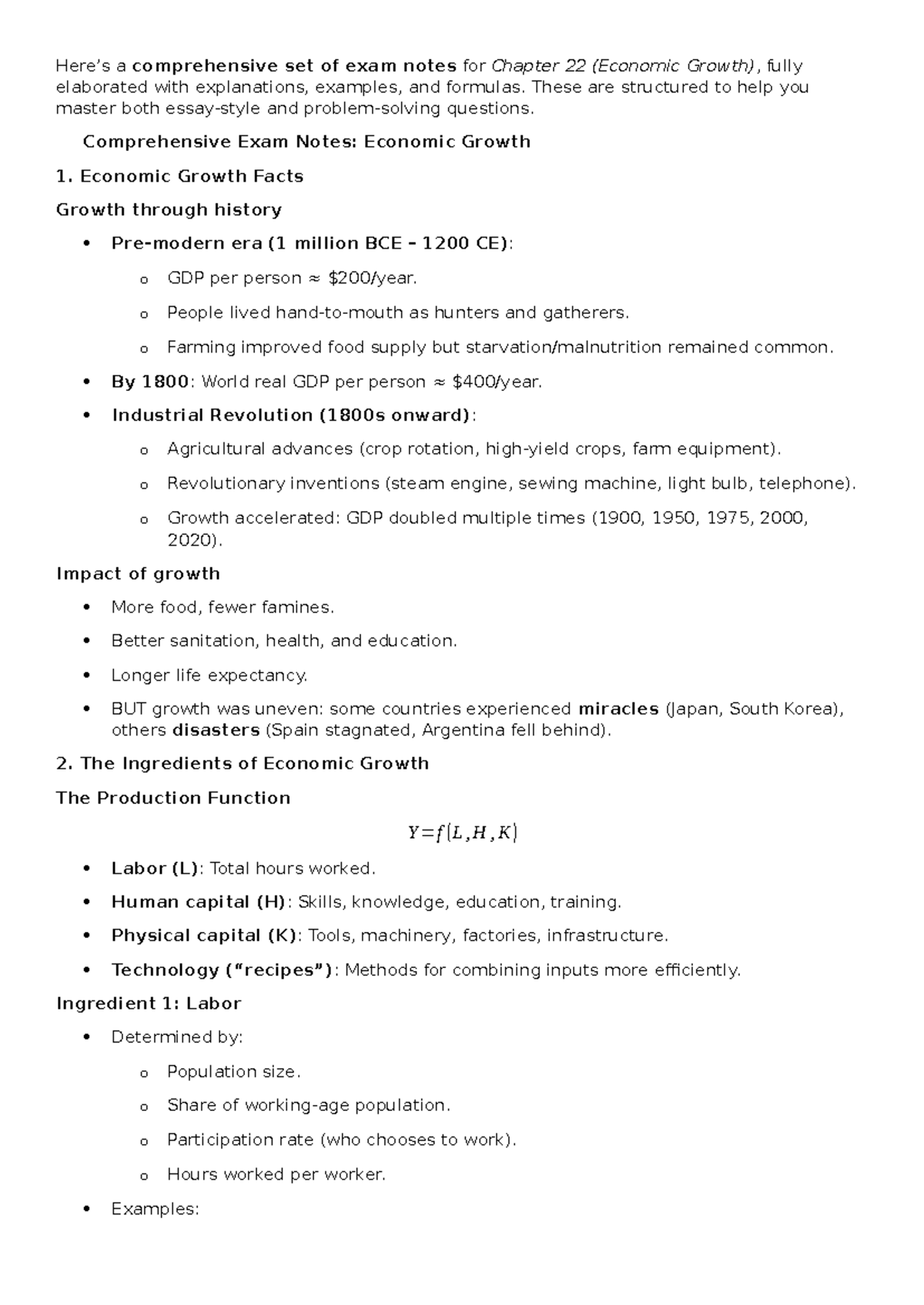 Comprehensive Exam Notes for Chapter 22 (Econ Growth) - Key Insights ...