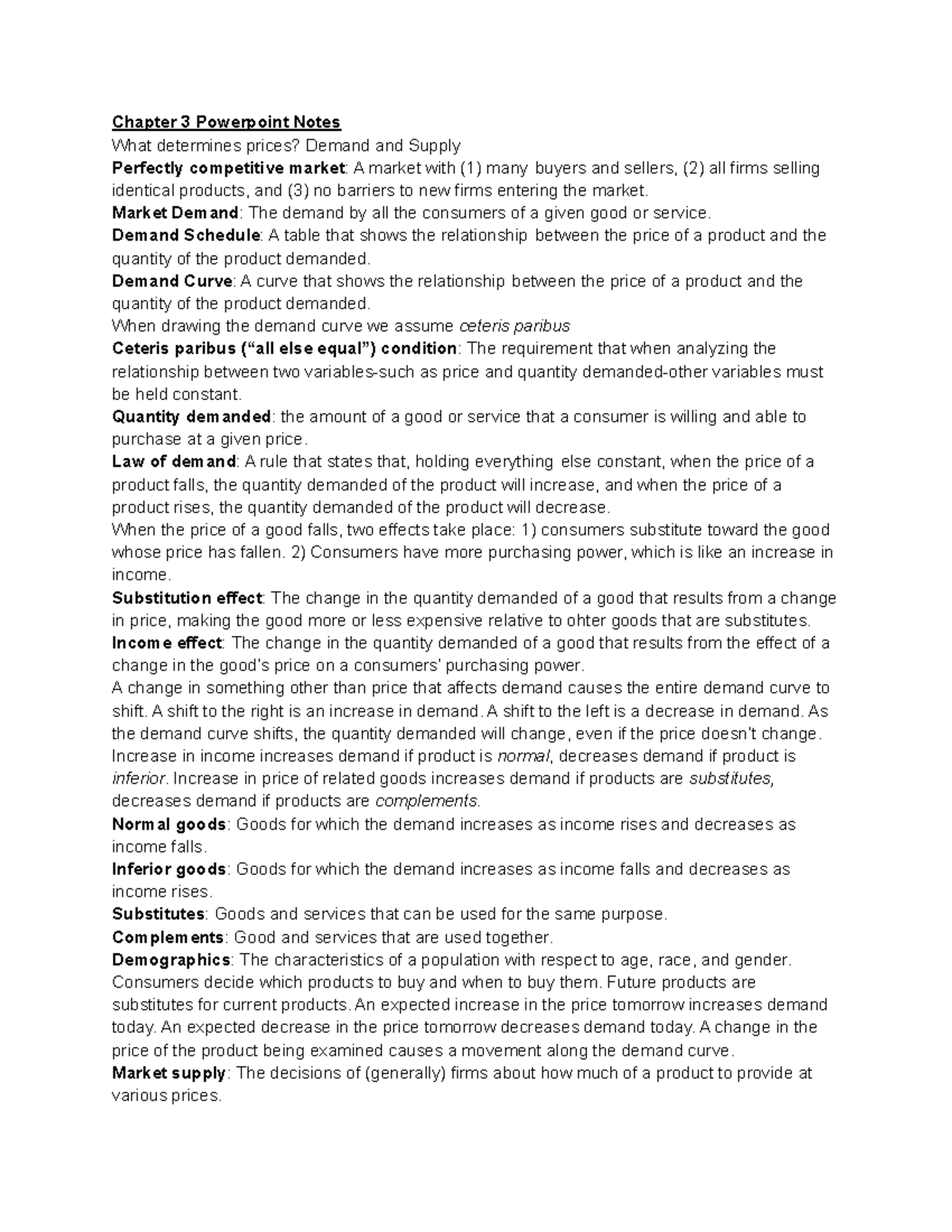 Econ Ch. 3,6,10 Notes - Chapter 3 Powerpoint Notes What determines ...