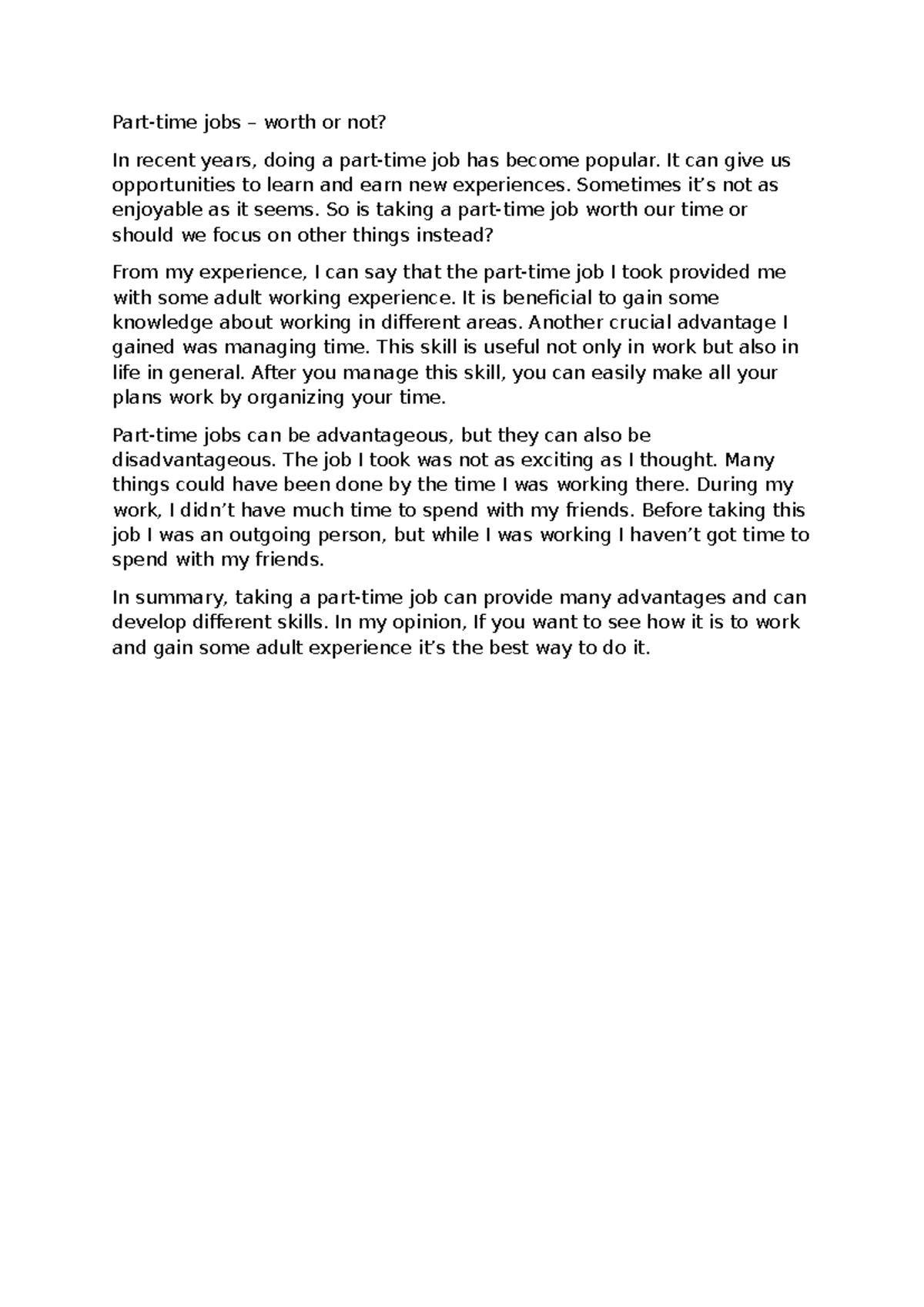 Part-time Job Benefits & Drawbacks: Macmillan Book Example - Studocu