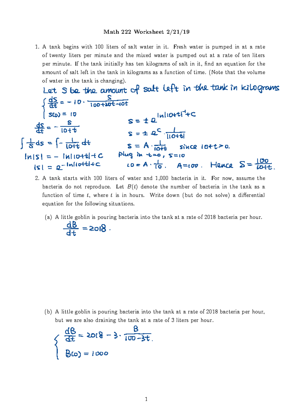 Worksheet 10 solutions - Math 222 Worksheet 2/21/ A tank begins with ...