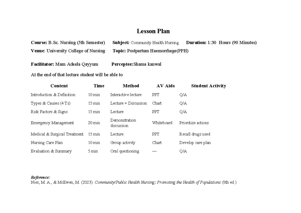 Lesson Plan: Community Health Nursing - Postpartum Haemorrhage (PPH ...