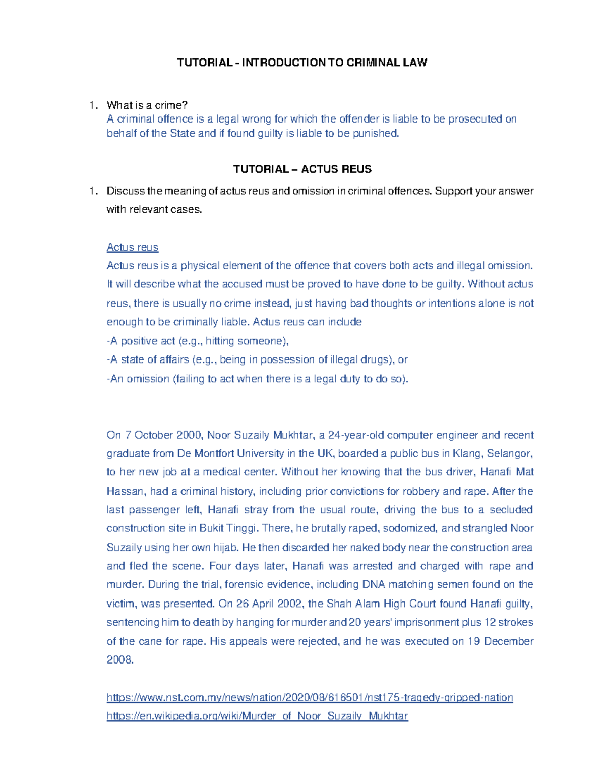 TUTO WEEK 3 - Actus REUS AND MENS REA - TUTORIAL - INTRODUCTION TO ...