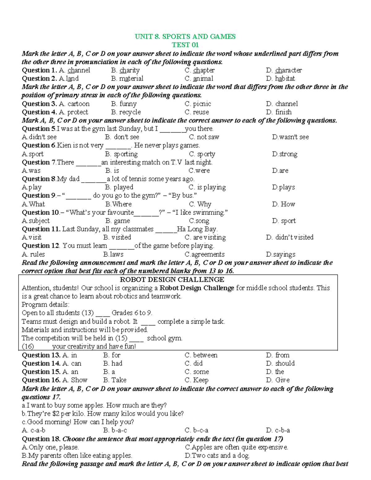 UNIT 8: SPORTS AND GAMES TESTS - GLOBAL SUCCESS ENGLISH 6 - Studocu
