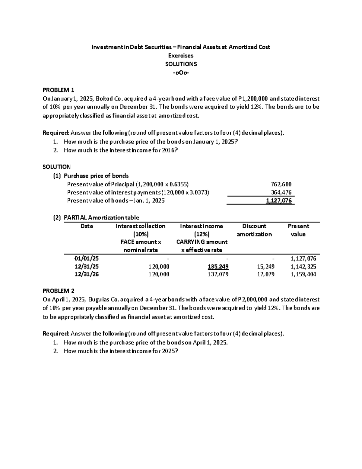 Exercises on Investment in Debt Securities - Solutions (FIN 102) - Studocu
