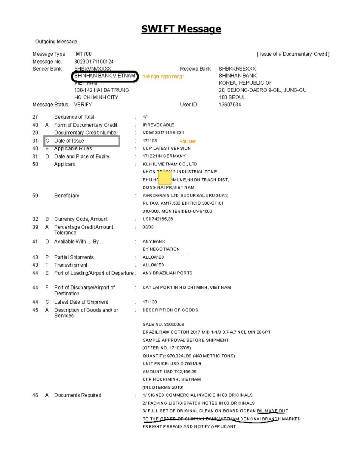 MT700 Documentary Credit Details - SWIFT Message Analysis - Studocu