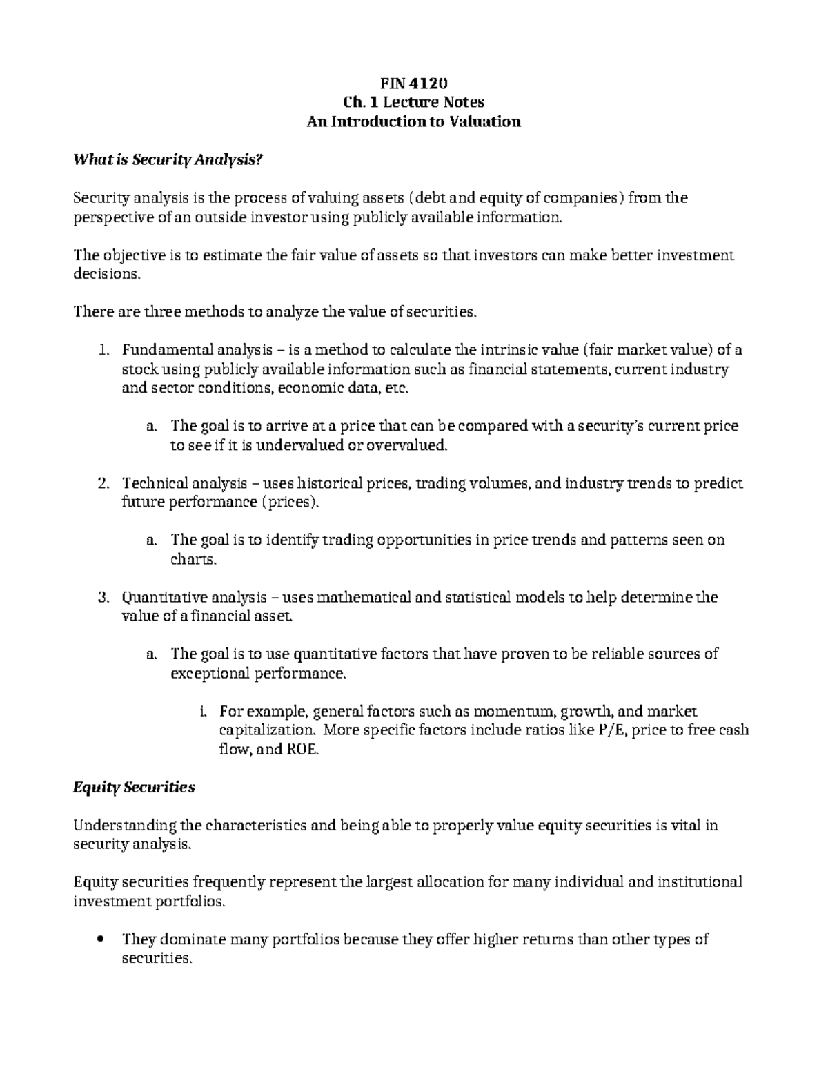 FIN 4120 Ch. 1 Lecture Notes: Introduction to Security Analysis ...