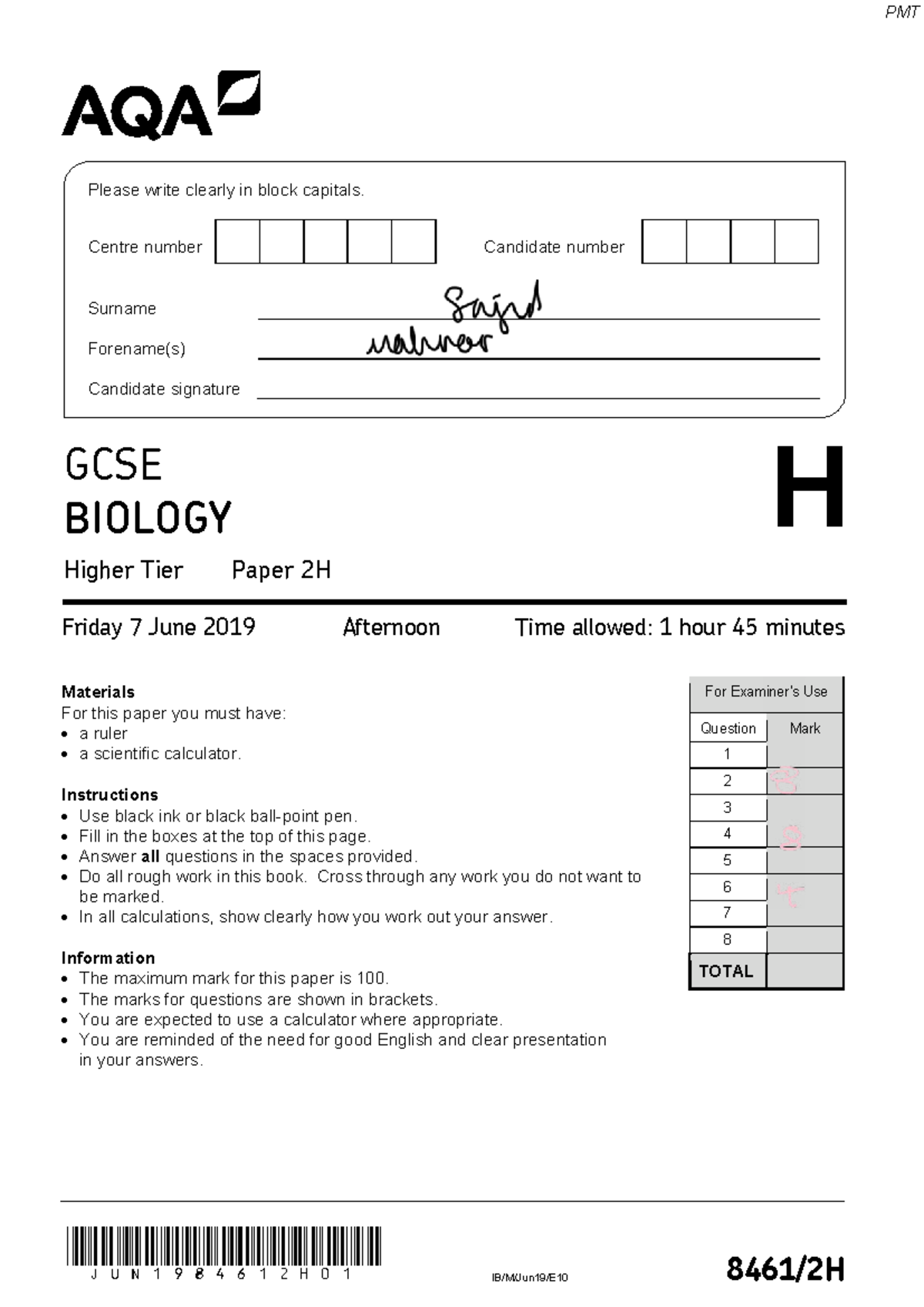 GCSE BIOLOGY 2H June 2019 Higher Tier Exam Paper Analysis - Studocu
