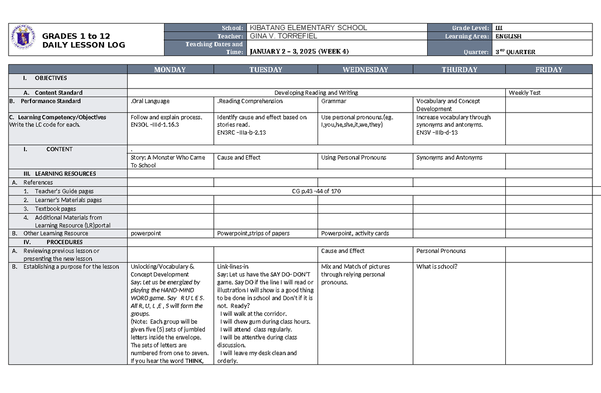 DLL English 3 Q3 W4 - Daily Lesson Log Eng 3 Q3_W4 - GRADES 1 to 12 ...