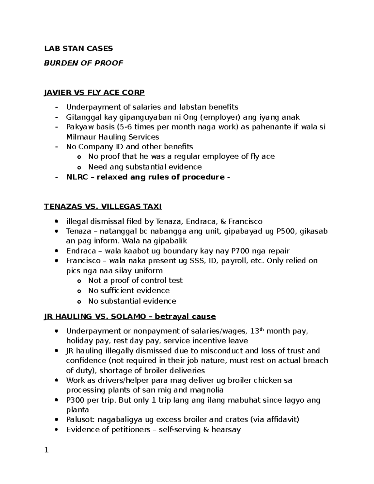 LAB STAN CASES: Burden of Proof in Labor Law (Art. 6) - Studocu