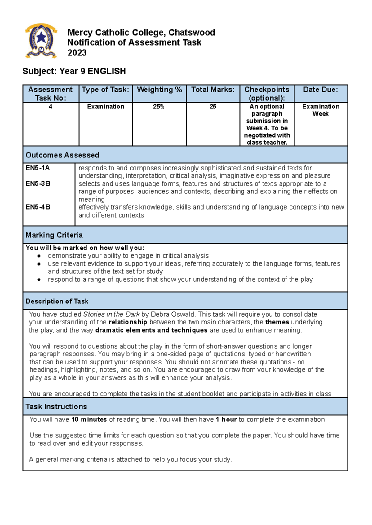 Year 9 ENGLISH Exam Notification: Stories in the Dark Analysis 2023 ...