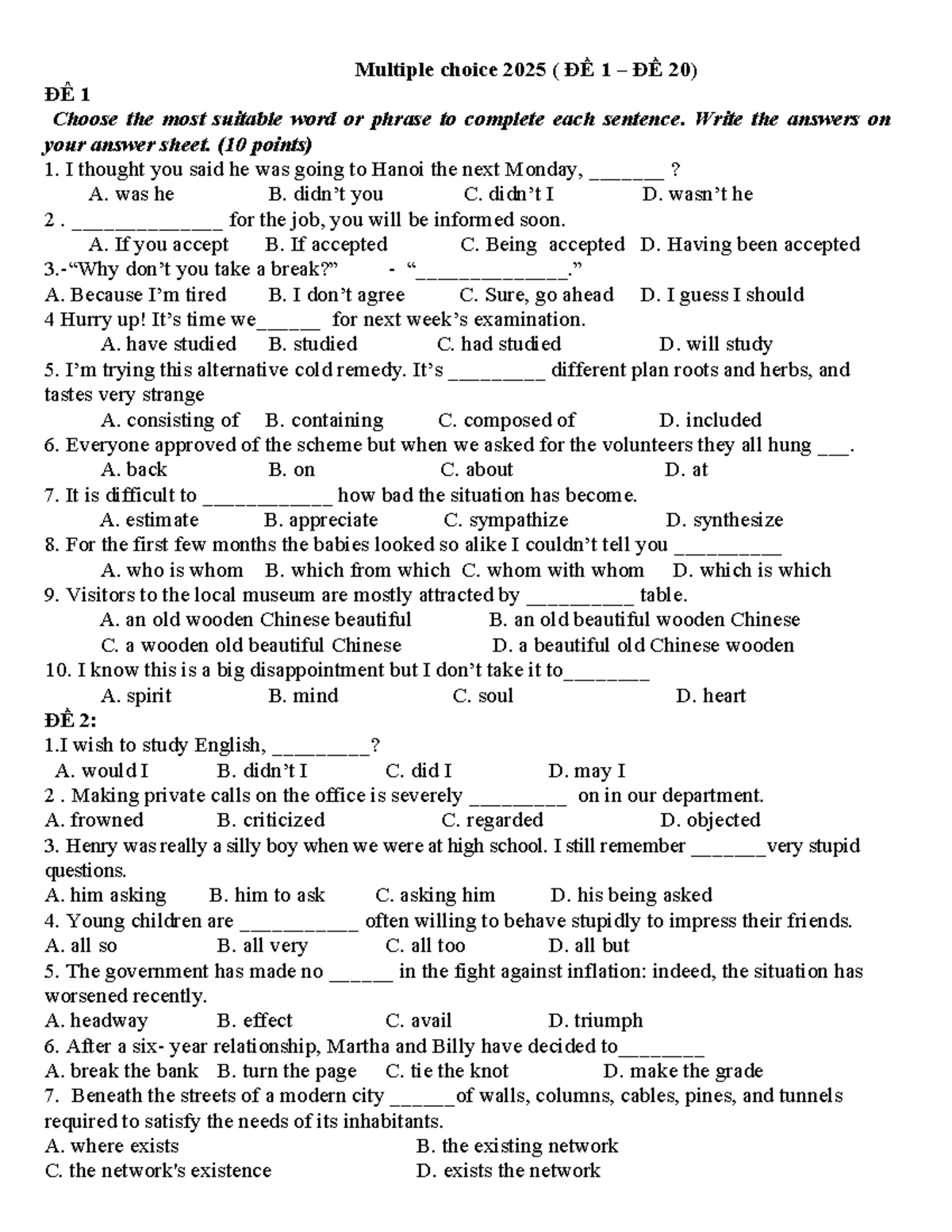 Multiple Choice Questions for English Proficiency 2025 (ĐỀ 1-20) - Studocu