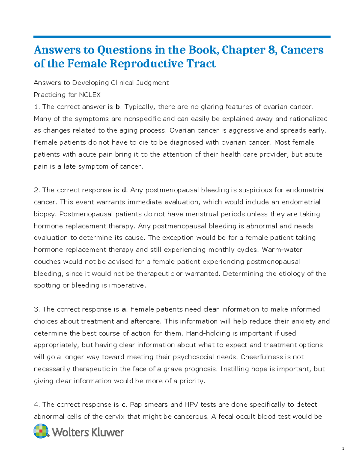 Final Exam Answers for Ricci Kyle 5e: Chapter 08 - Female Cancers - Studocu