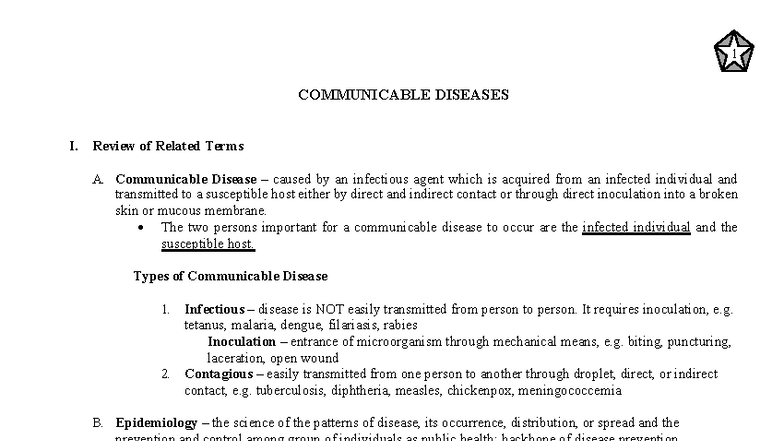 1 COMMUNICABLE DISEASES I: Overview and Key Concepts - Studocu