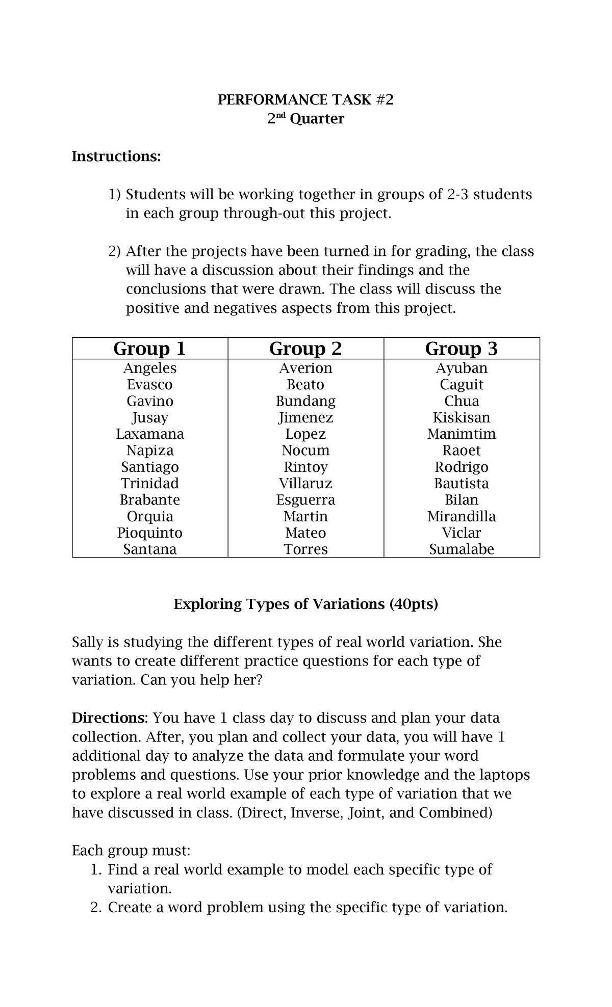 Performance TASK #2 Guide - PERFORMANCE TASK 2 nd Quarter Instructions ...