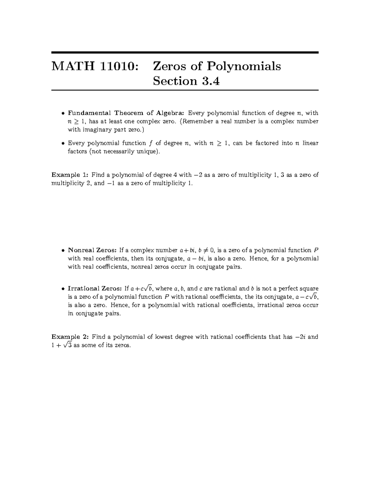 Zeros Of Polynomials - Section 3. Fundamental Theorem of Algebra: Every ...