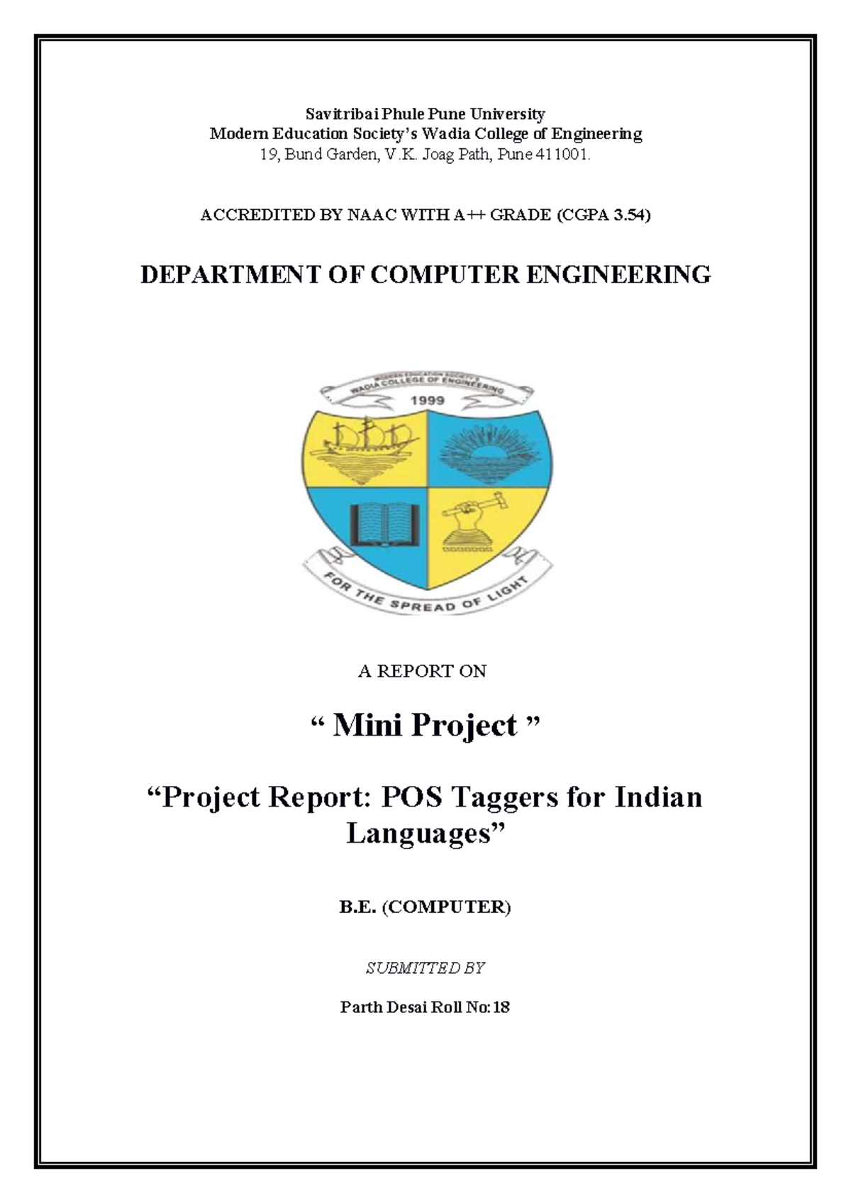 B.E. (COMP) Mini Project Report: POS Taggers for Indian Languages - Studocu