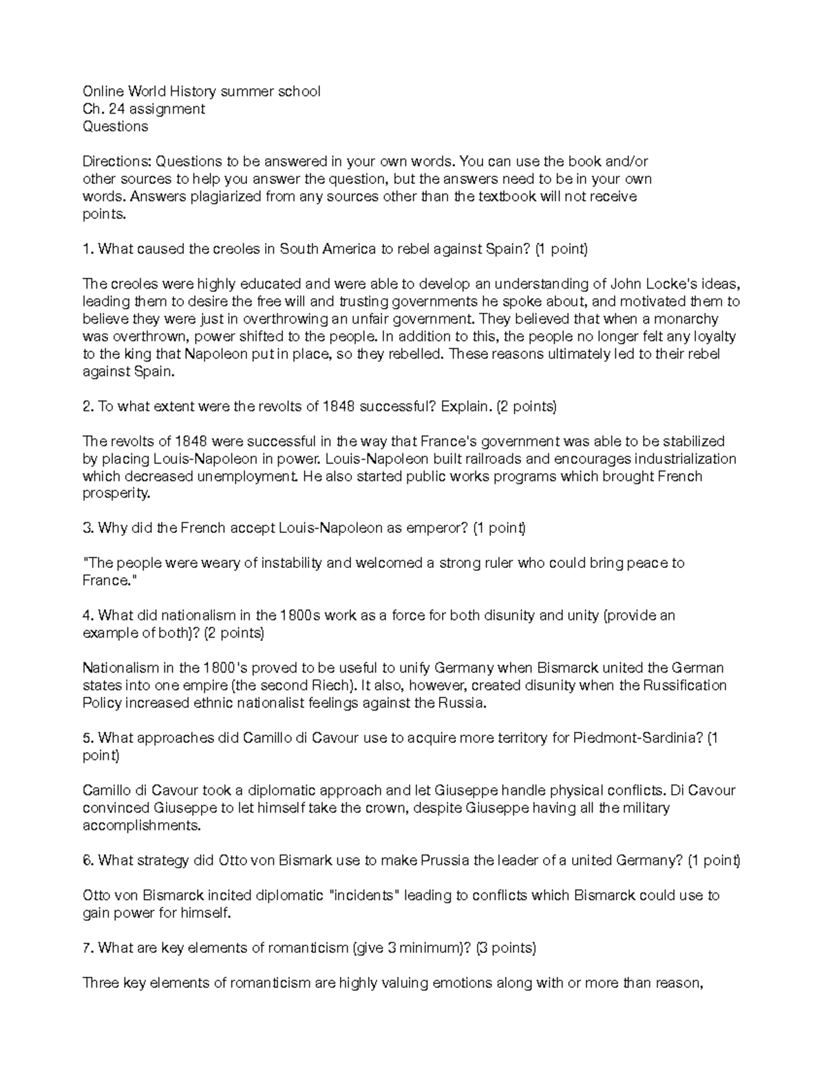 Ch. 24 Questions - Free Response for Online World History Course - Studocu