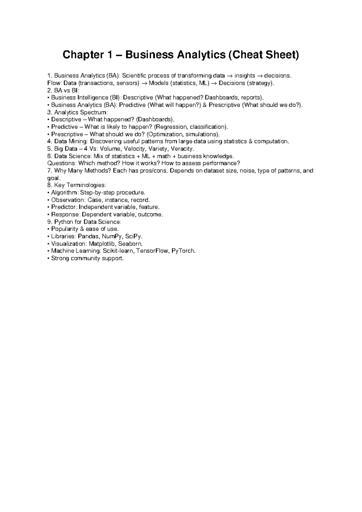 Chapter 1 Business Analytics (BA) Cheat Sheet Overview - Studocu