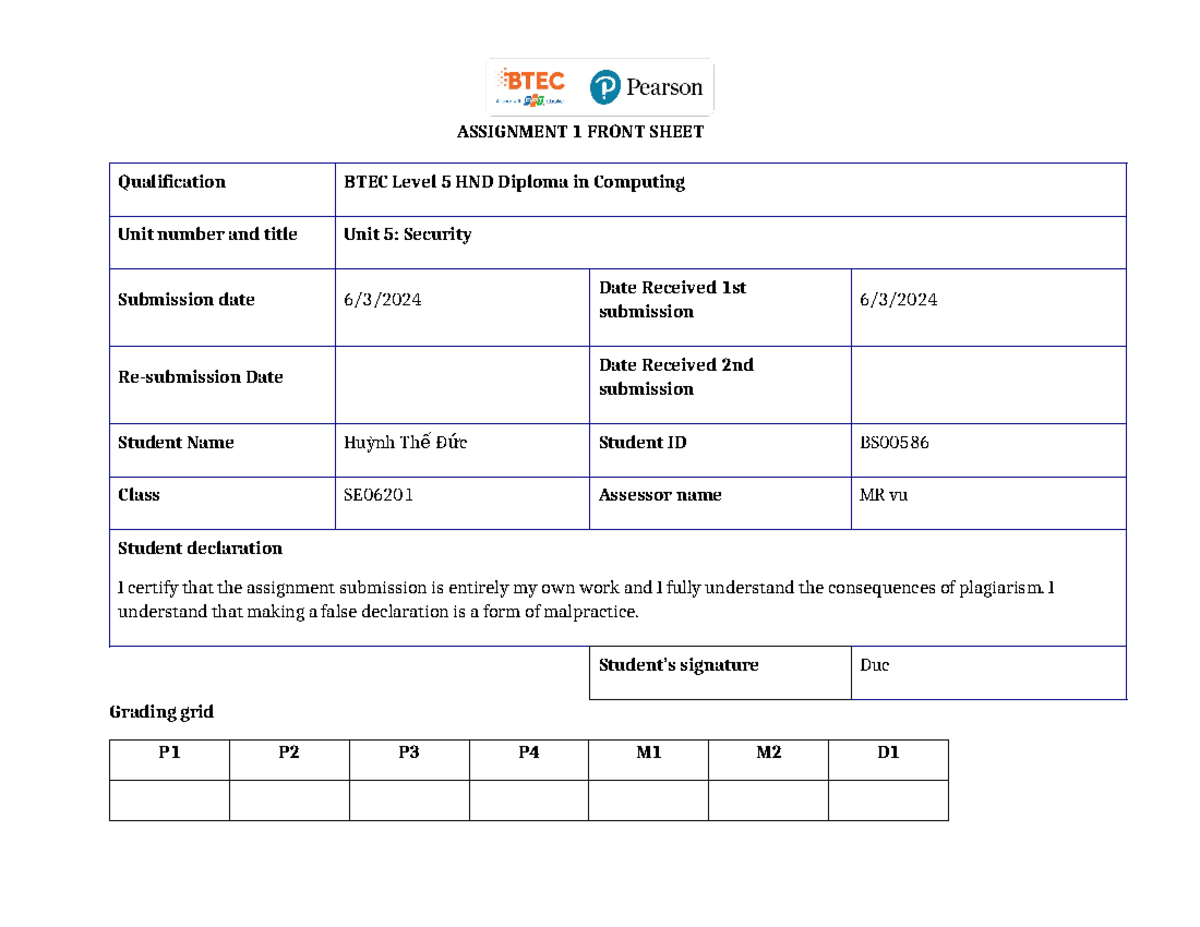 ASM1 Security BS00586 Huynh THE DUC - ASSIGNMENT 1 FRONT SHEET ...