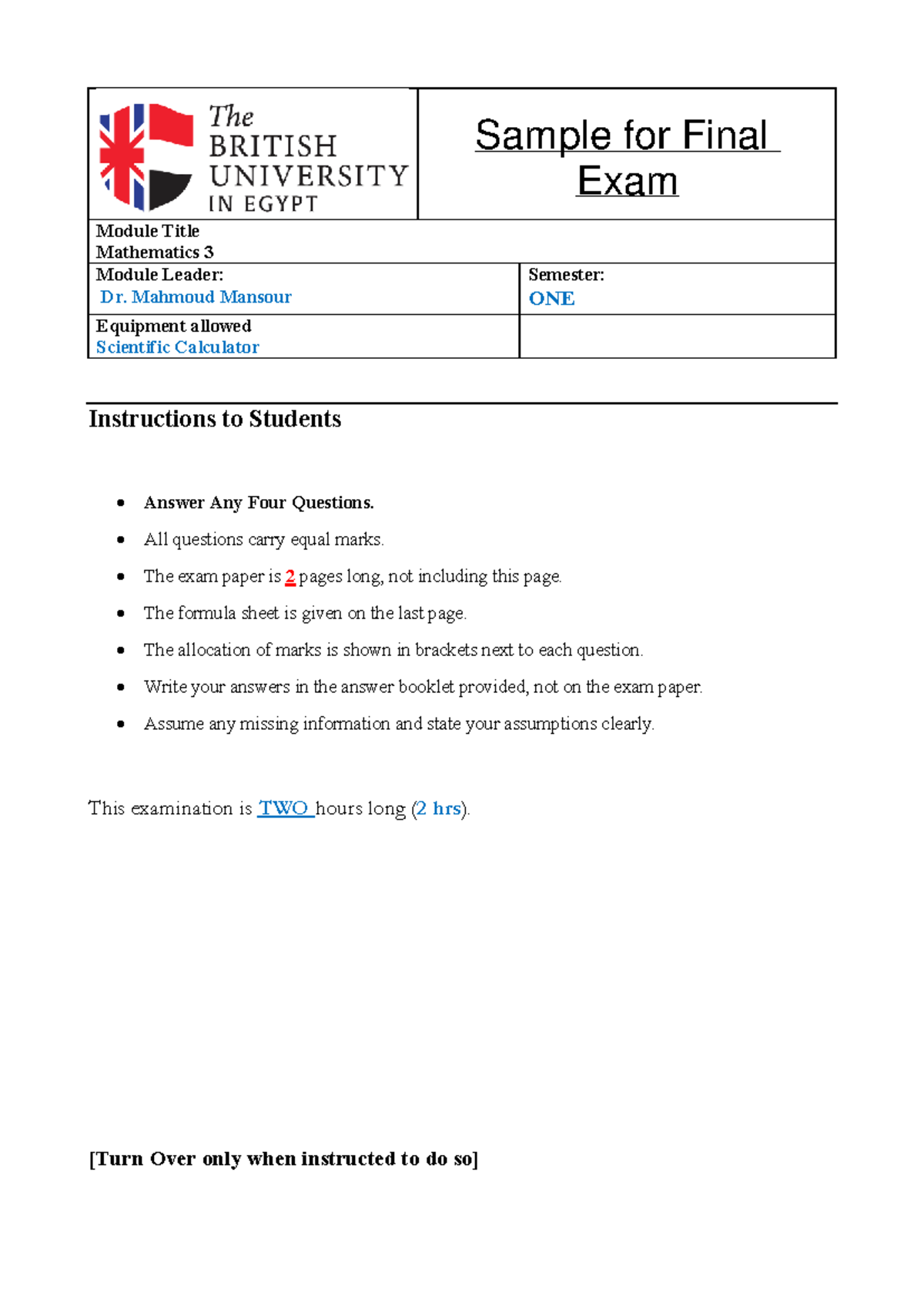 Past Exam - Math 3: Final Exam with Formula Sheet - Studocu