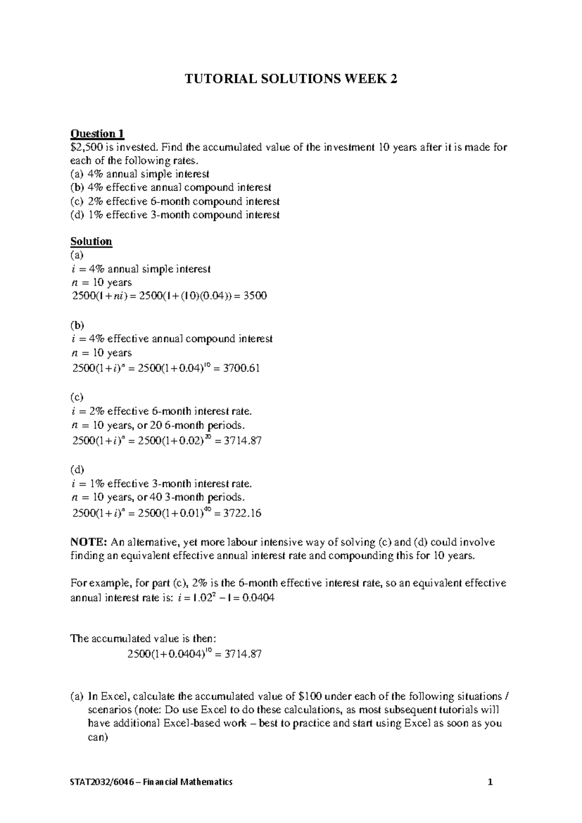 Week 2 - Tutorial Solutions for Investment and Interest Calculations ...