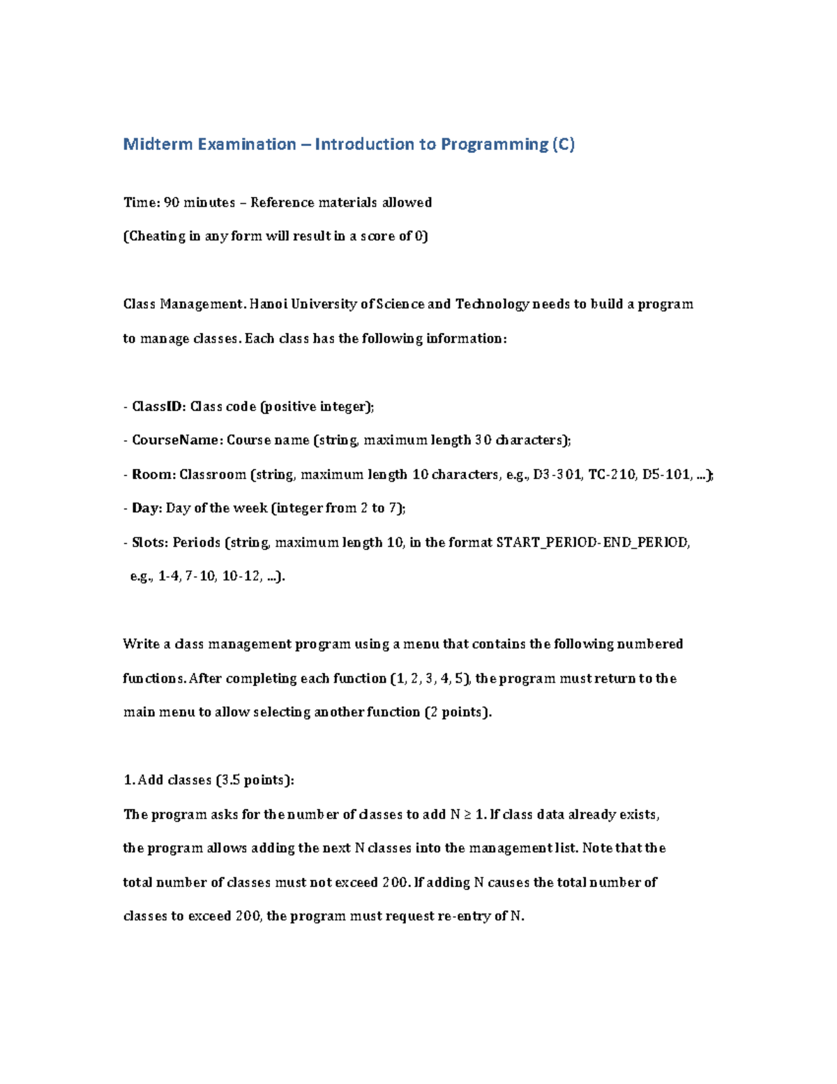 Midterm Exam: Class Management in Programming (C) - Studocu