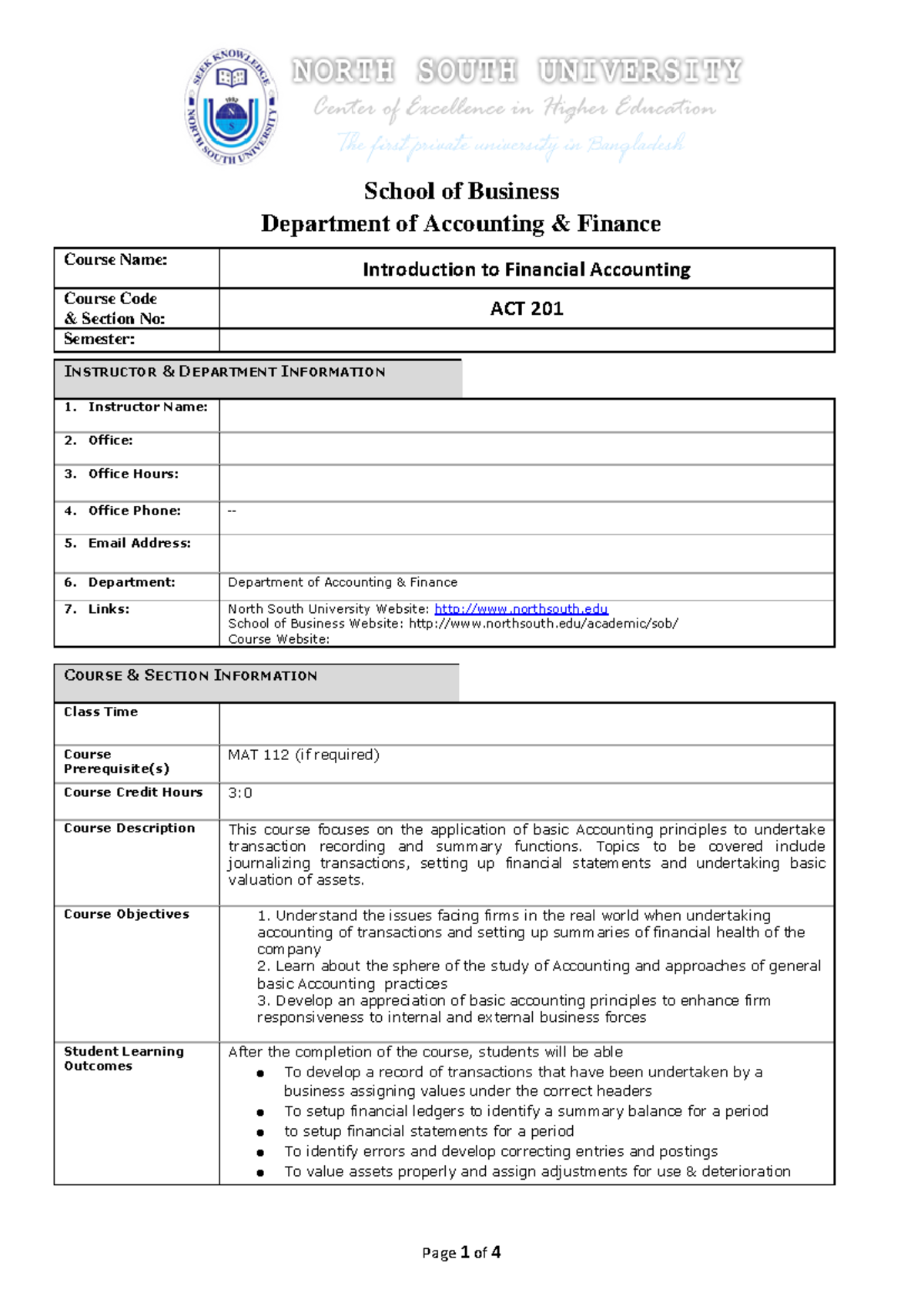 ACT 201 - Introduction to Financial Accounting Course Outline - Studocu
