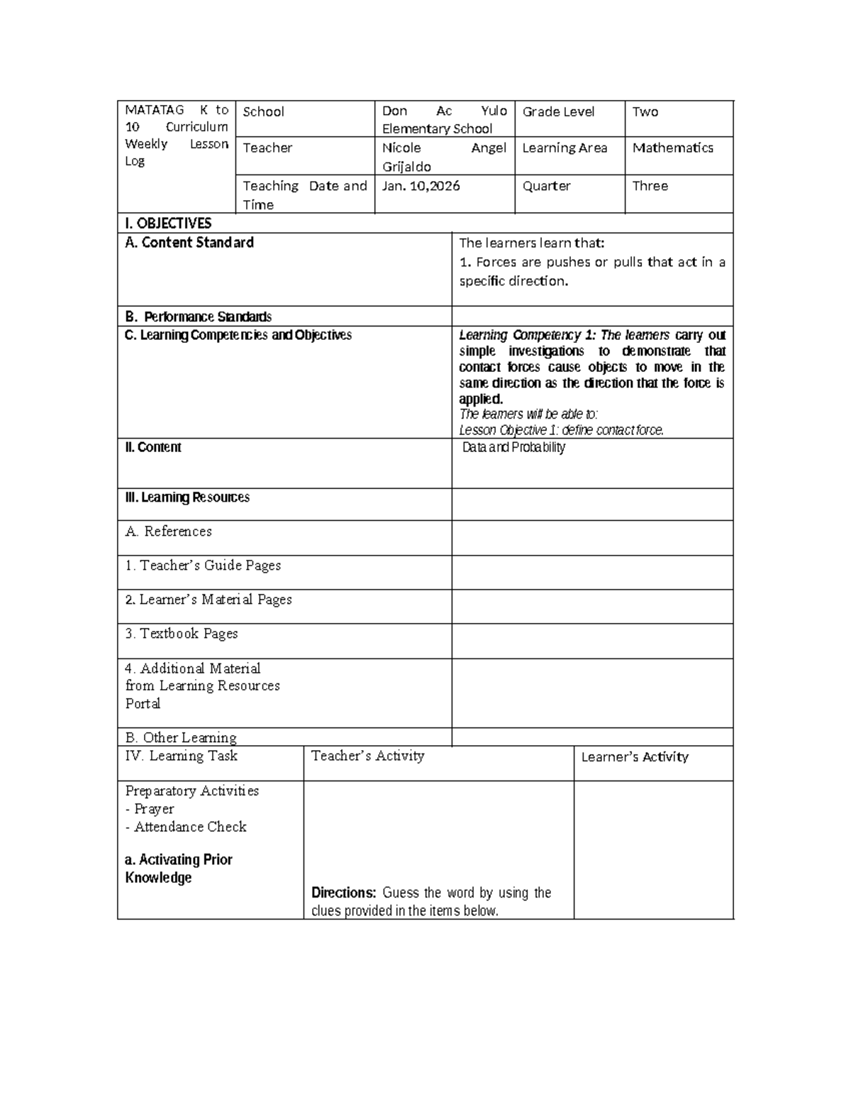 MATATAG K to 10 Math Lesson Log for Grade 2 - Jan 10, 2026 - Studocu