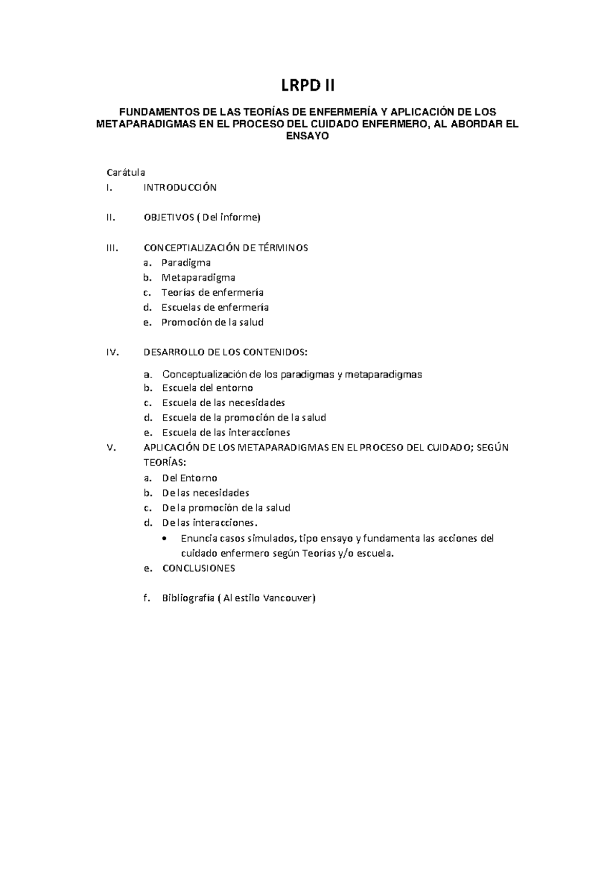 LRPD II - Ensayo sobre Teorías y Metaparadigmas en Enfermería - Studocu