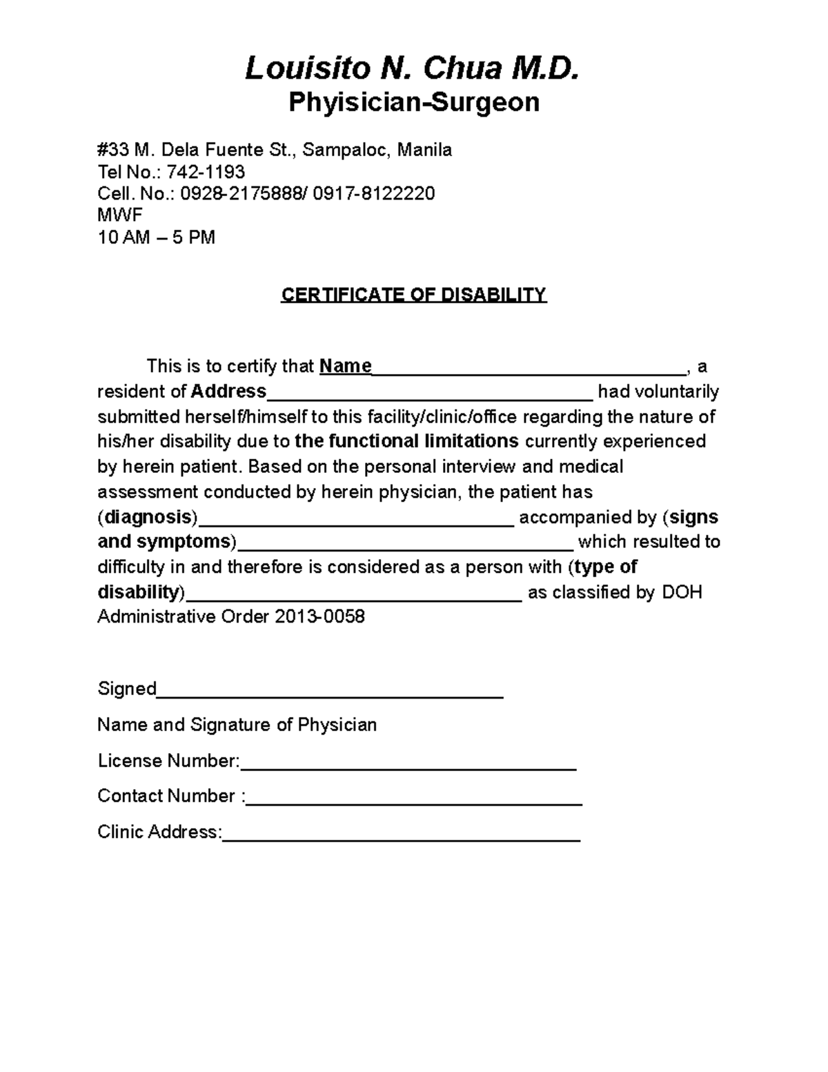 Certificate OF Disability - Louisito N. Chua M. Phyisician-Surgeon #33 ...