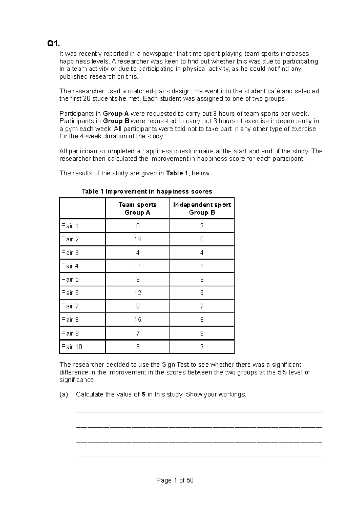 RM Short and Long Mark Exam Questions: Team Sports & Happiness Study ...
