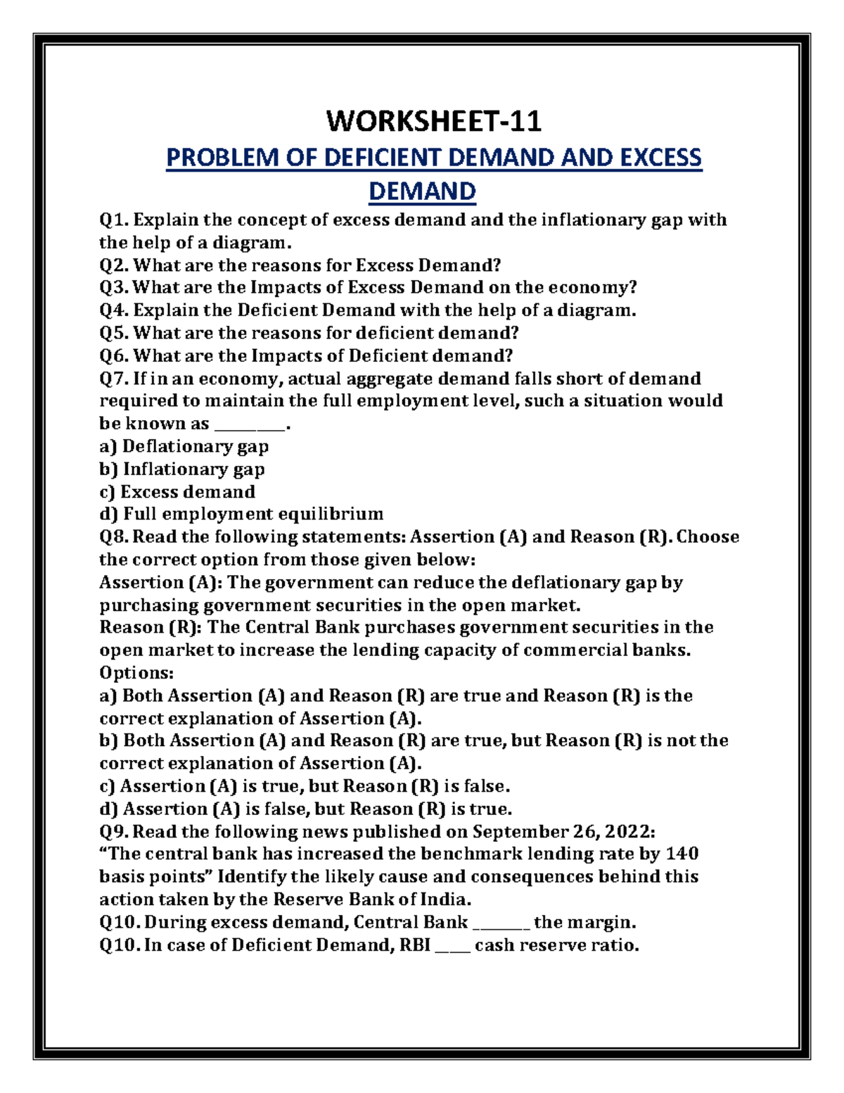 Worksheet-11 AD-AS: Deficient & Excess Demand Concepts - Studocu