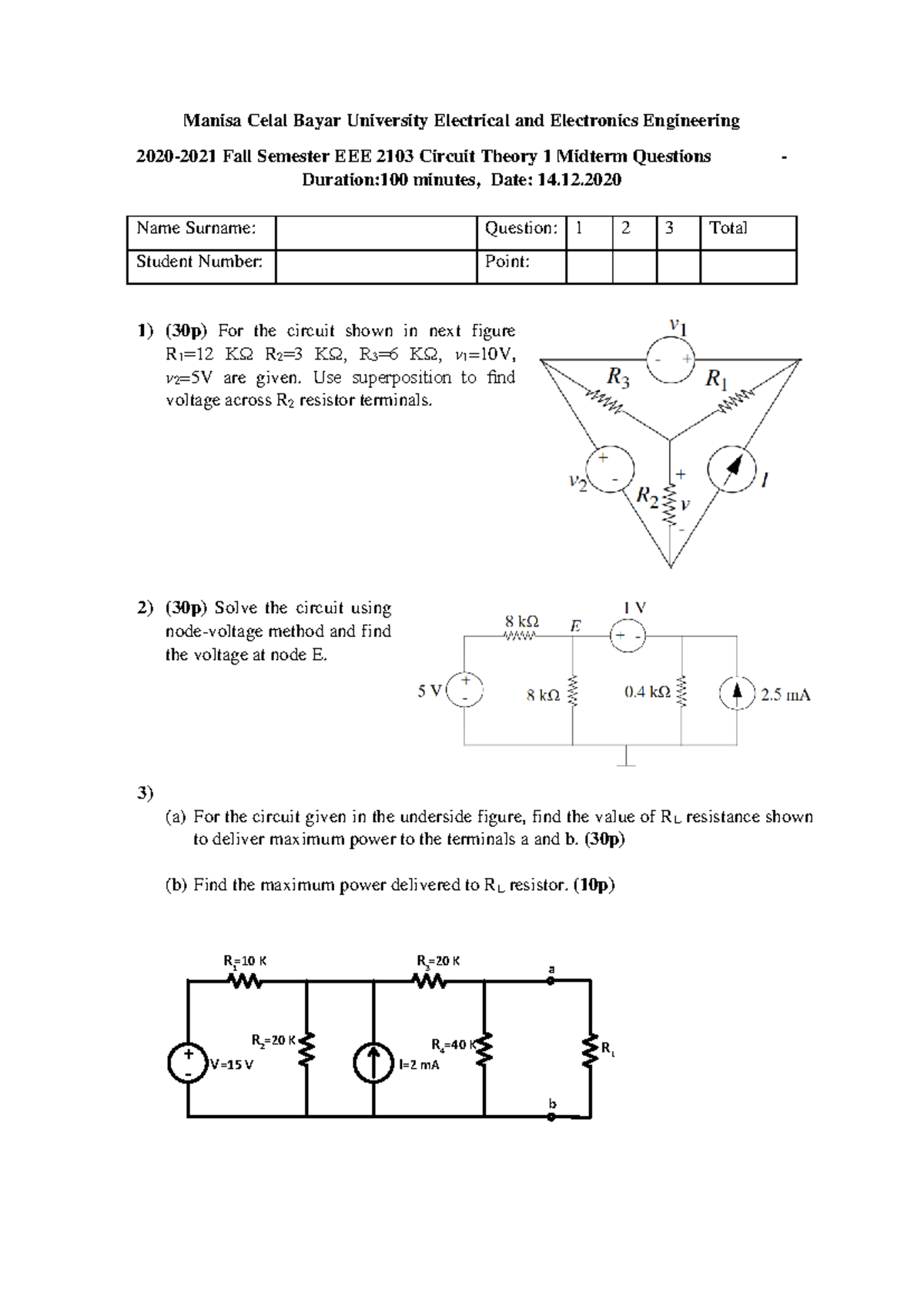 EEE 2103 Circuit Theory Midterm Exam 14 Questions and Solutions - Studocu