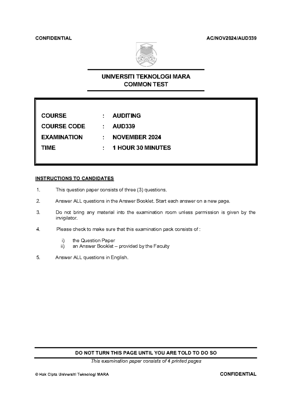 CT AUD339 COMMON TEST NOV 2024 - AUDITING QUESTIONS - Studocu