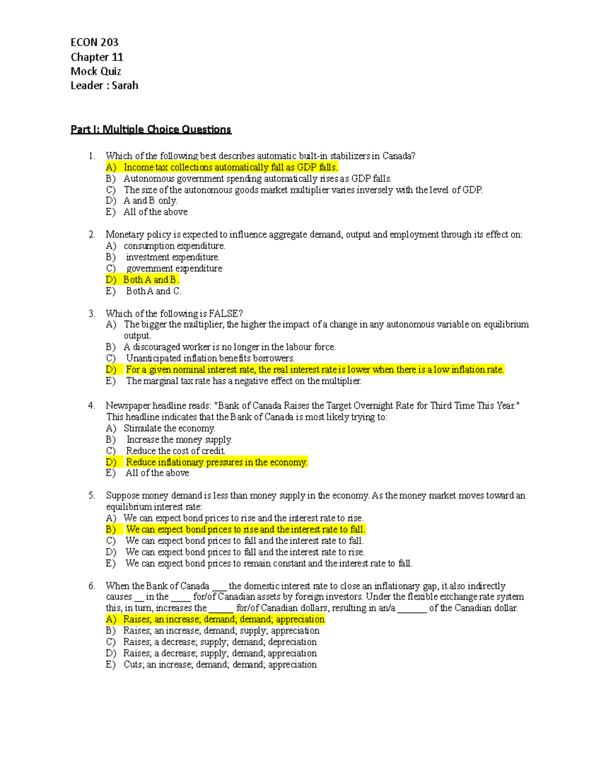 ECON 203 Chapter 11 Mock Quiz & Answers with Explanations - Studocu