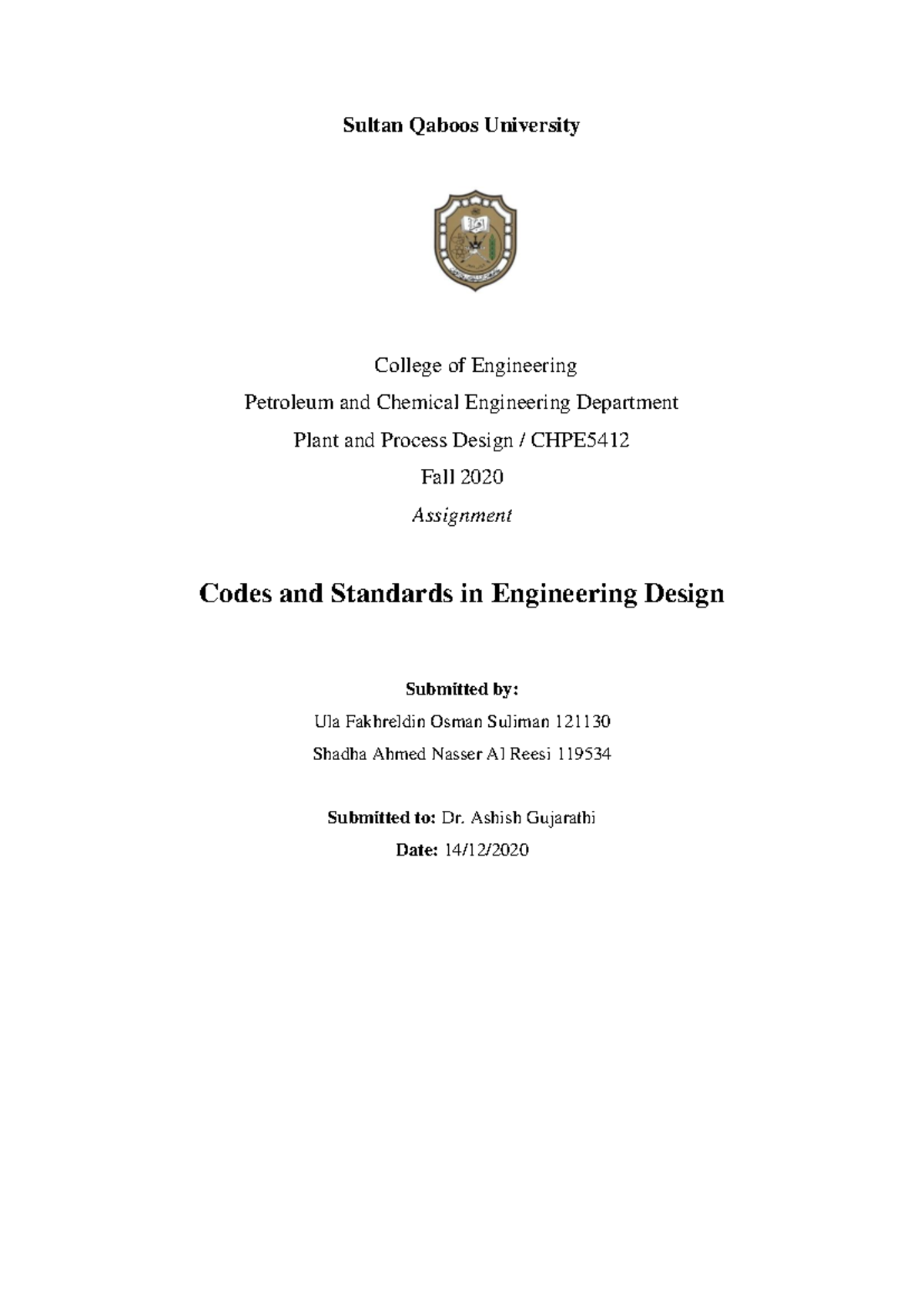CHP5412-Assignment: Codes & Standards in Eng. Design by Ula & Shadha ...