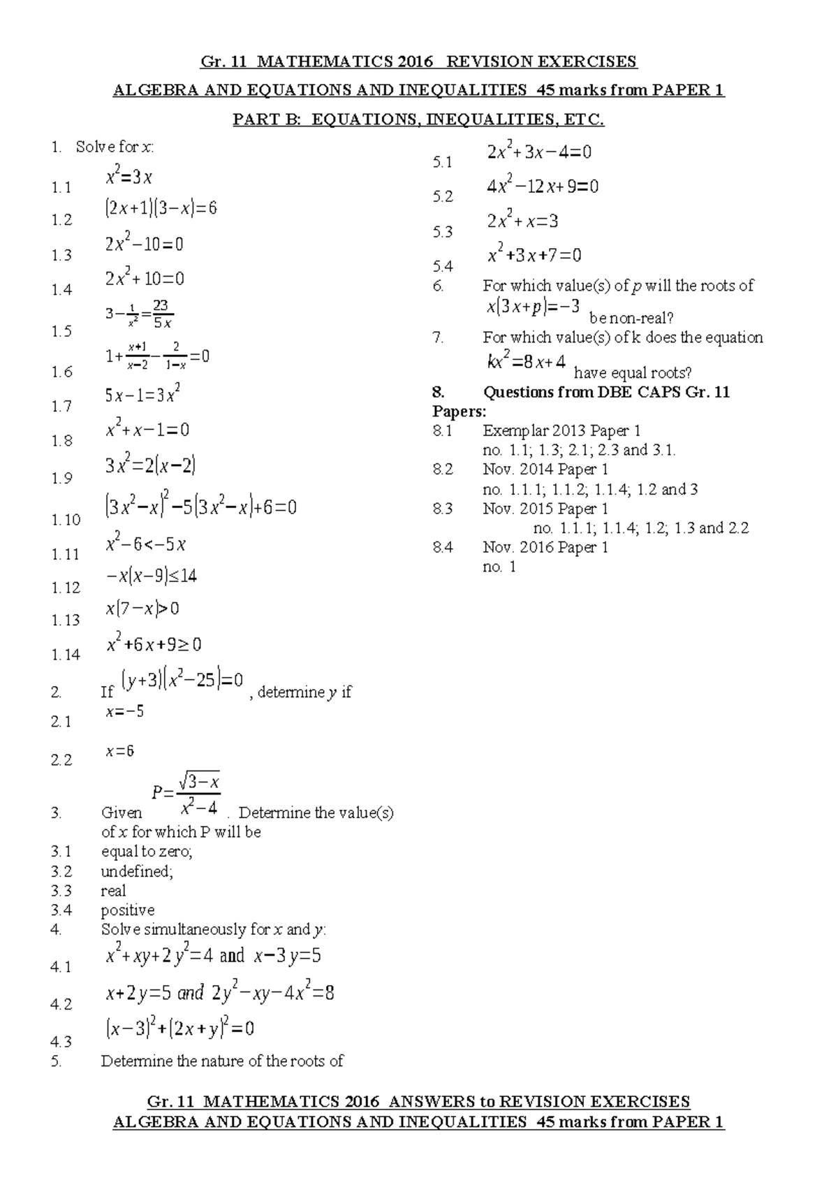 Gr. 11 Mathematics 2016 Revision Exercises: Algebra & Equations (45 ...