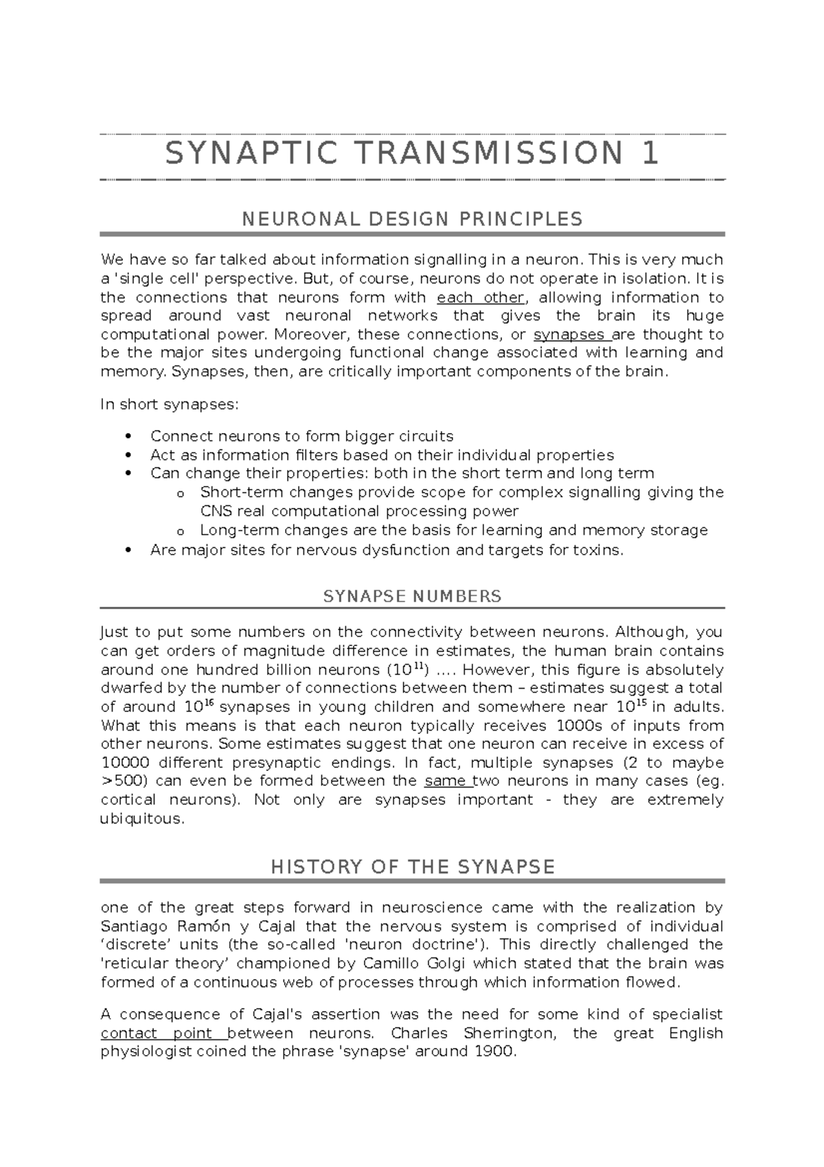 3 - Lecture Notes 3: Synaptic Transmission and Neuronal Communication ...